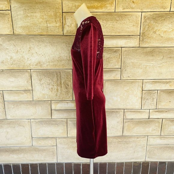 Cue womens size 10 burgundy stretch velvet lace dress 3/4 sleeve bodycon - Picture 9 of 11